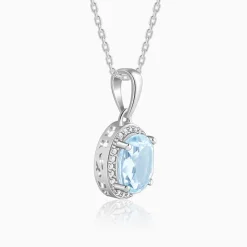Silver Halo Blue Topaz Pendant With Link Chain