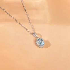 Silver Halo Blue Topaz Pendant With Link Chain