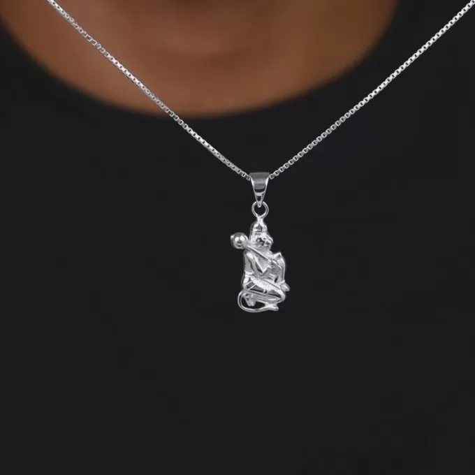 Silver Hanuman Pendant With Box Chain For Him