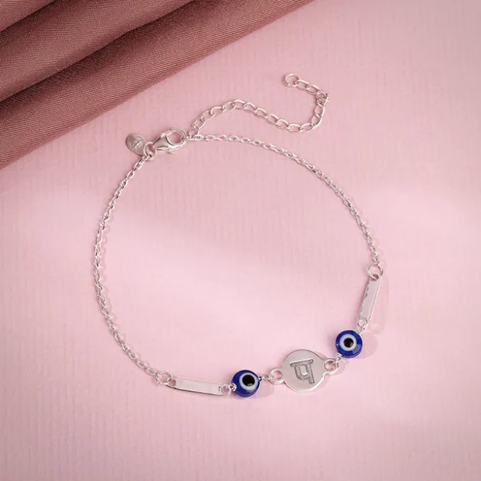Silver Hindi Initial Evil Eye Bracelet