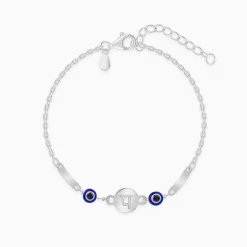 Silver Hindi Initial Evil Eye Bracelet