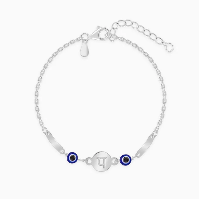 Silver Hindi Initial Evil Eye Bracelet