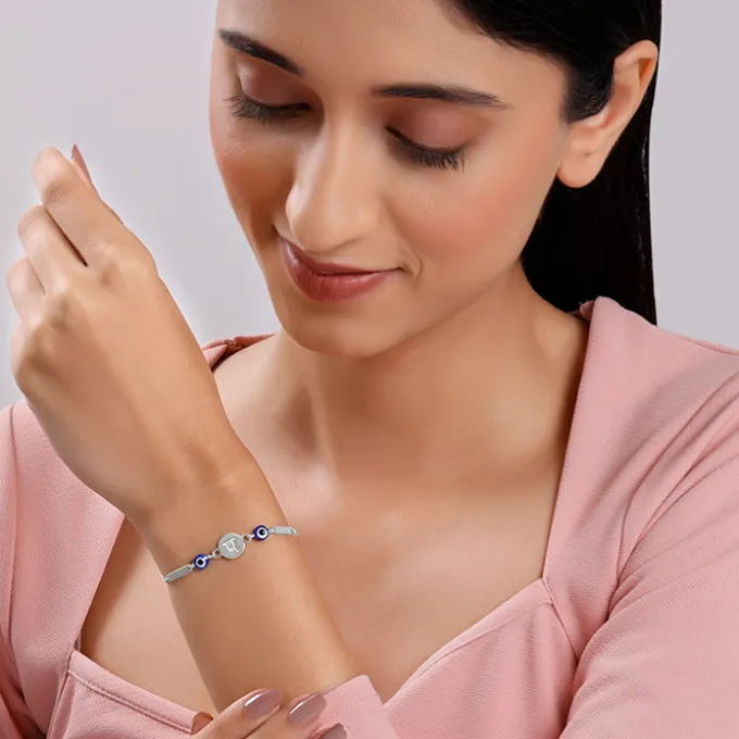 Silver Hindi Initial Evil Eye Bracelet