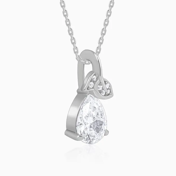 Silver Leafy Teardrop Pendant With Link Chain