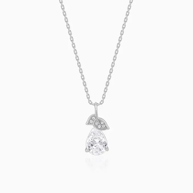 Silver Leafy Teardrop Pendant With Link Chain
