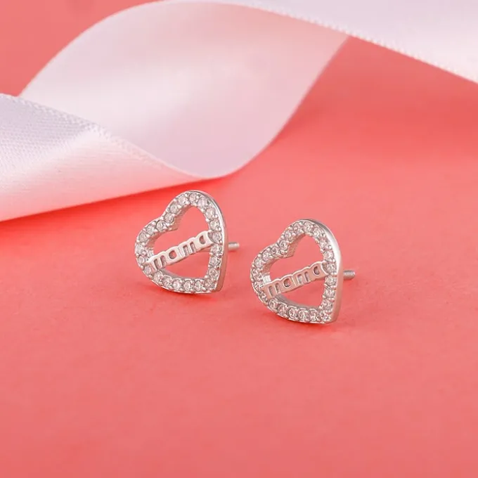 Silver Mother's Heart Stud Earrings