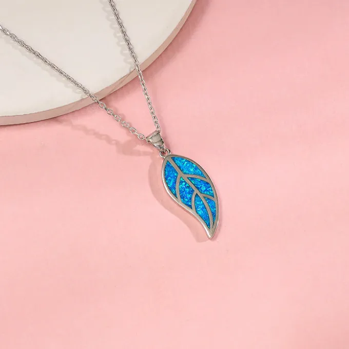 Silver Mystic Blue Leaf Pendant with Link Chain