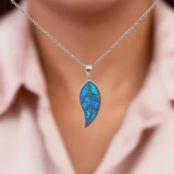 Silver Mystic Blue Leaf Pendant with Link Chain