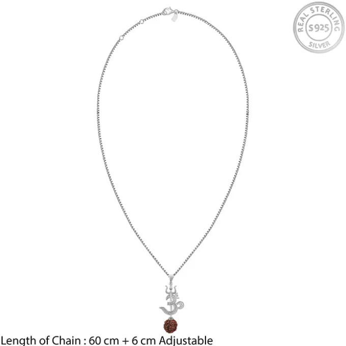 Silver Om Trishul Rudraksha Pendant With Box Chain For Him