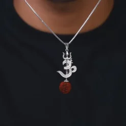 Silver Om Trishul Rudraksha Pendant With Box Chain For Him