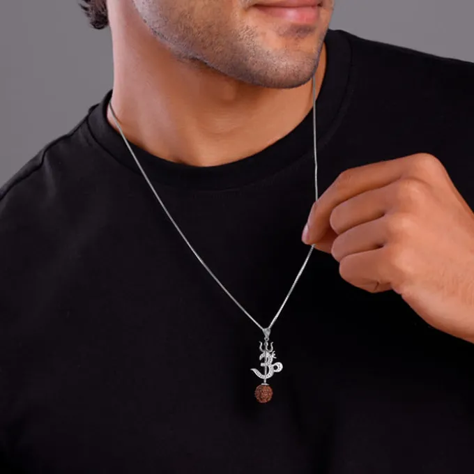 Silver Om Trishul Rudraksha Pendant With Box Chain For Him