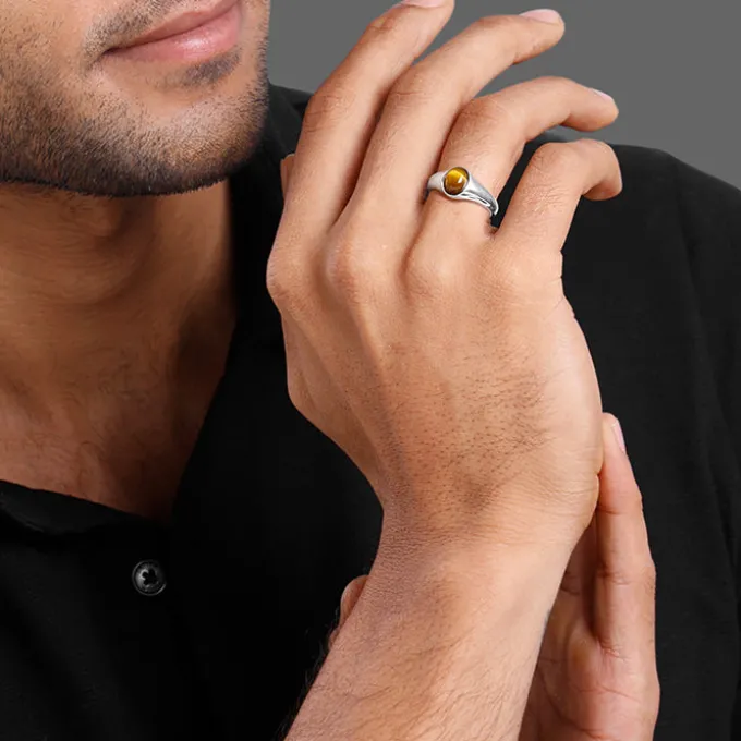 Silver Oval Tiger Eye Ring For Him