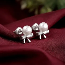Silver Pearl Bownot Stud Earrings