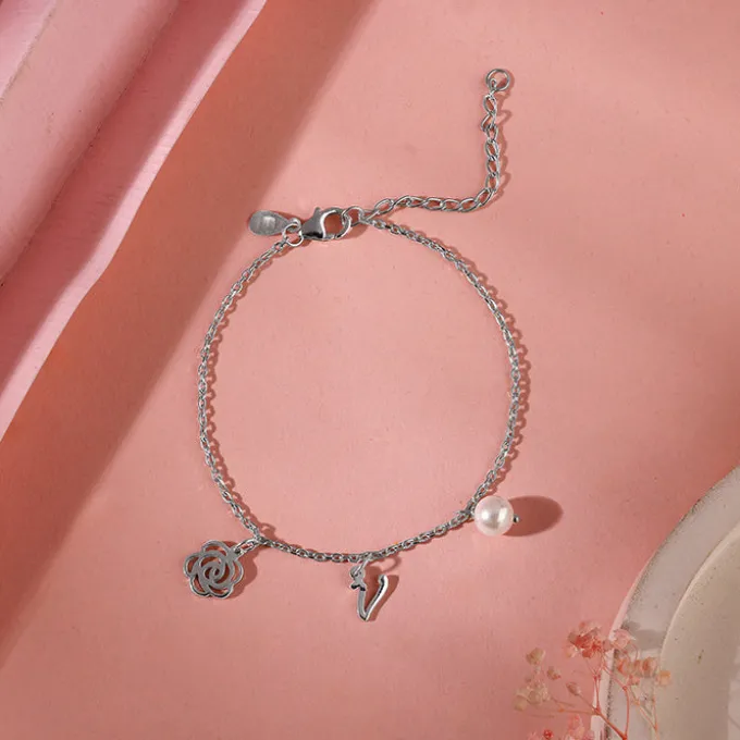 Silver Pearl Rosey Personalised Bracelet