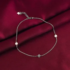 Silver Pearls & Flower Anklet