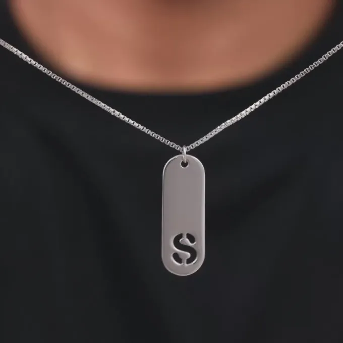 Silver Personalised Alpha Tag Initial Pendant For Him