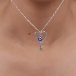 Silver Personalised Evil Eye Heart Initial Pendant