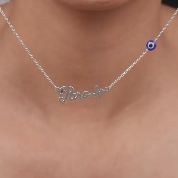 Silver Personalised Evil Eye Heartbeat Necklace