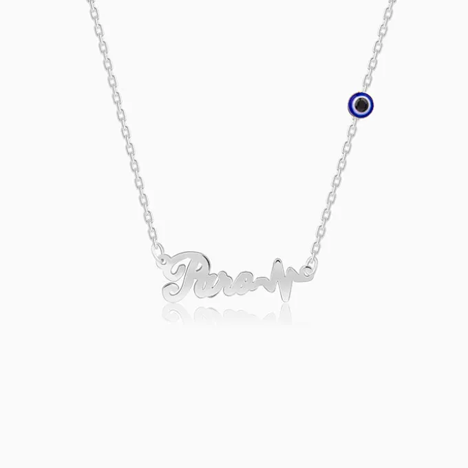 Silver Personalised Evil Eye Heartbeat Necklace