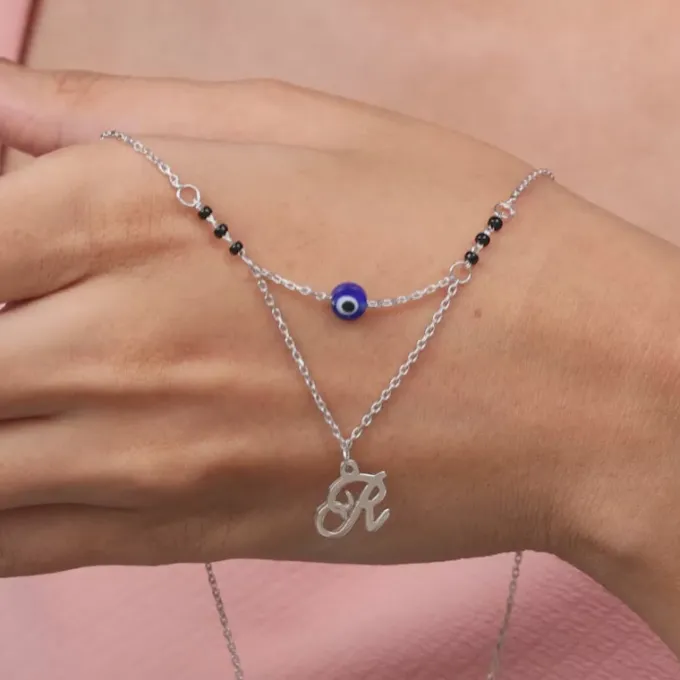Silver Personalised Evil Eye Mangalsutra Layered Necklace