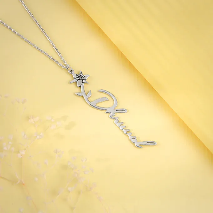 Silver Personalised Flower Name Pendant with Link Chain