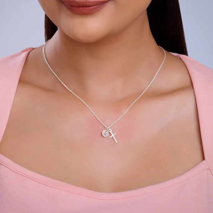 Silver Personalised Halo Cross Pendant With Link Chain