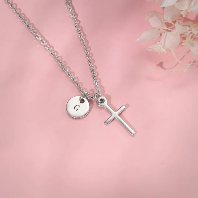 Silver Personalised Halo Cross Pendant With Link Chain