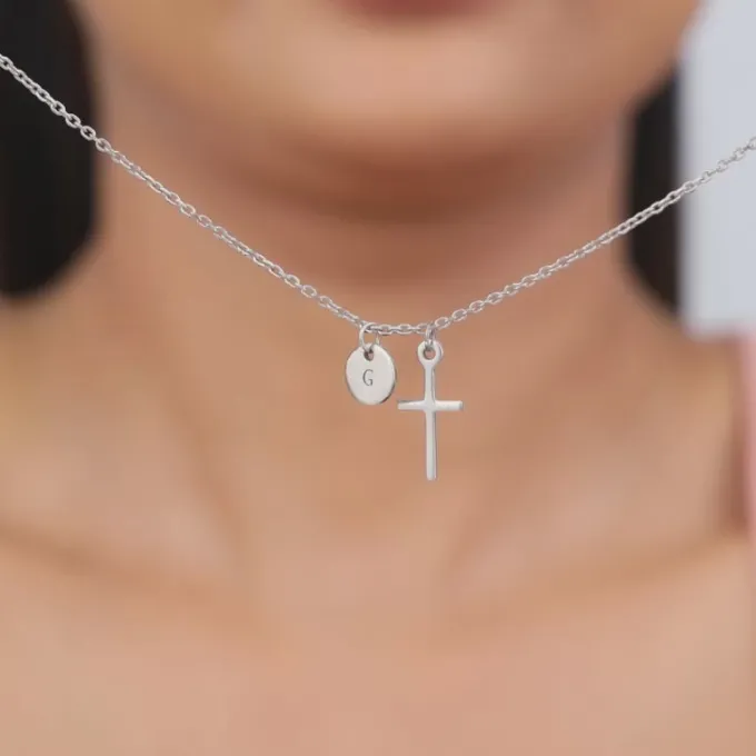 Silver Personalised Halo Cross Pendant With Link Chain