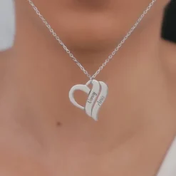Silver Personalised Name Heart Duo Pendant With Link Chain