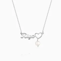 Silver Personalised Pearl Heart Necklace
