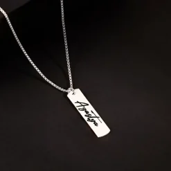 Silver Personalised Vertical Bar Name Pendant with Box Chain For Him