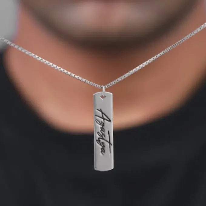 Silver Personalised Vertical Bar Name Pendant with Box Chain For Him