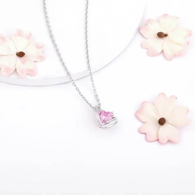 Silver Pink Angel Wings of Protection Necklace