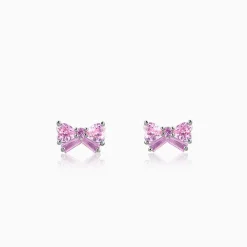 Silver Pink Bow Stud Earrings