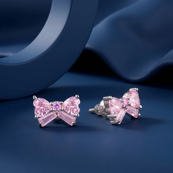 Silver Pink Bow Stud Earrings