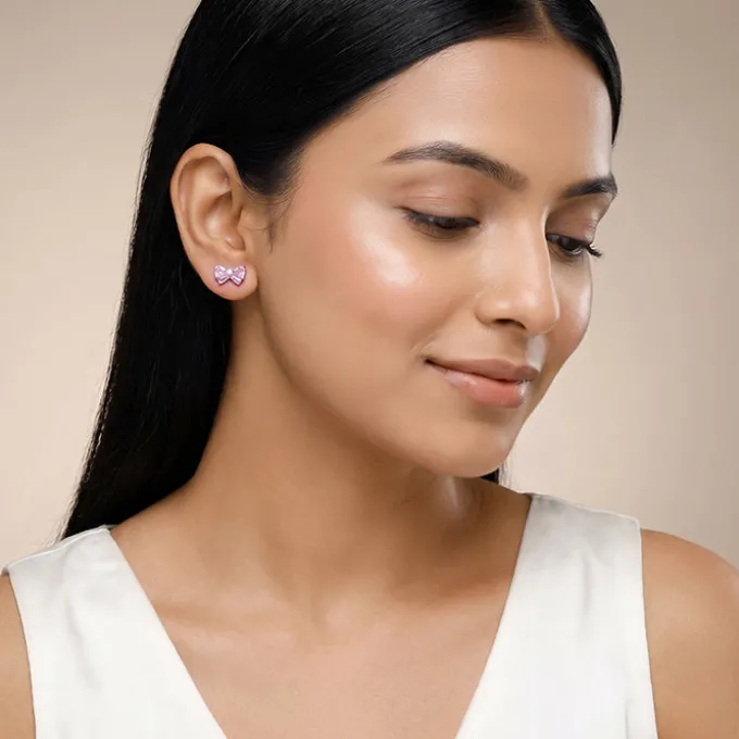 Silver Pink Bow Stud Earrings