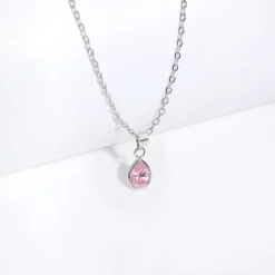 Silver Pink Drop Pendant With Link Chain