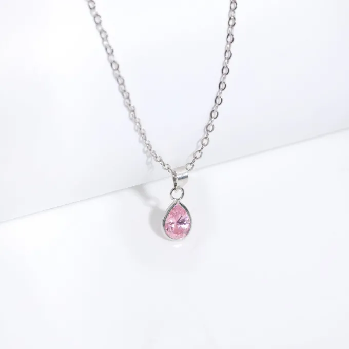 Silver Pink Drop Pendant With Link Chain