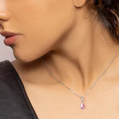 Silver Pink Drop Pendant With Link Chain