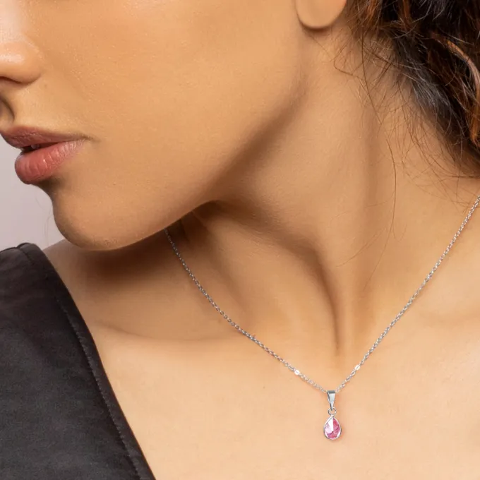 Silver Pink Drop Pendant With Link Chain