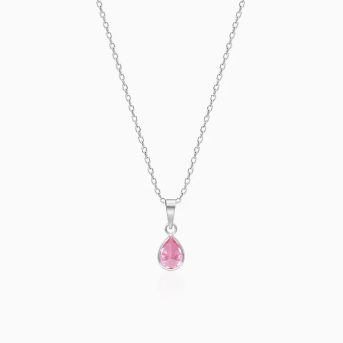 Silver Pink Drop Pendant With Link Chain
