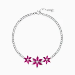 Silver Pink Floral Tennis Bracelet