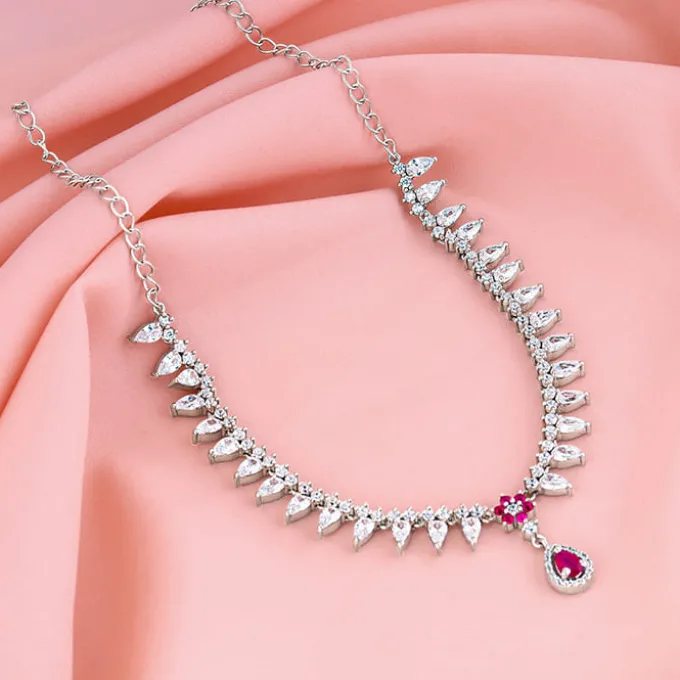 Silver Pink Flower Drop Necklace