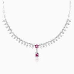 Silver Pink Flower Drop Necklace