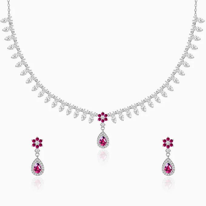 Silver Pink Flower Drop Solitaire Set