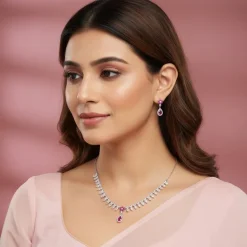 Silver Pink Flower Drop Solitaire Set