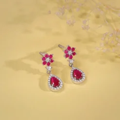 Silver Pink Flower Mini Drop Earrings