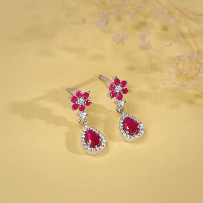 Silver Pink Flower Mini Drop Earrings