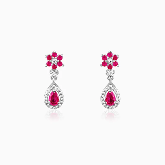 Silver Pink Flower Mini Drop Earrings