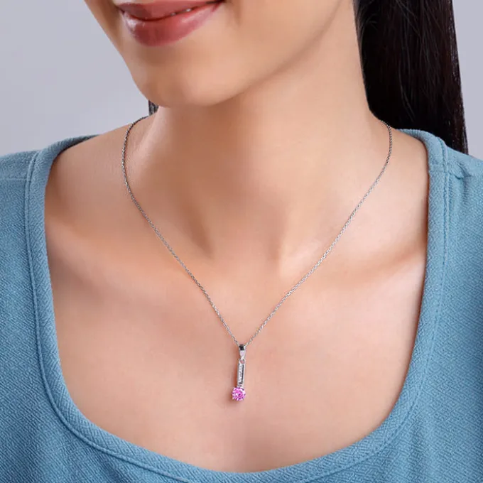 Silver Pink Glam Pendant With Link Chain